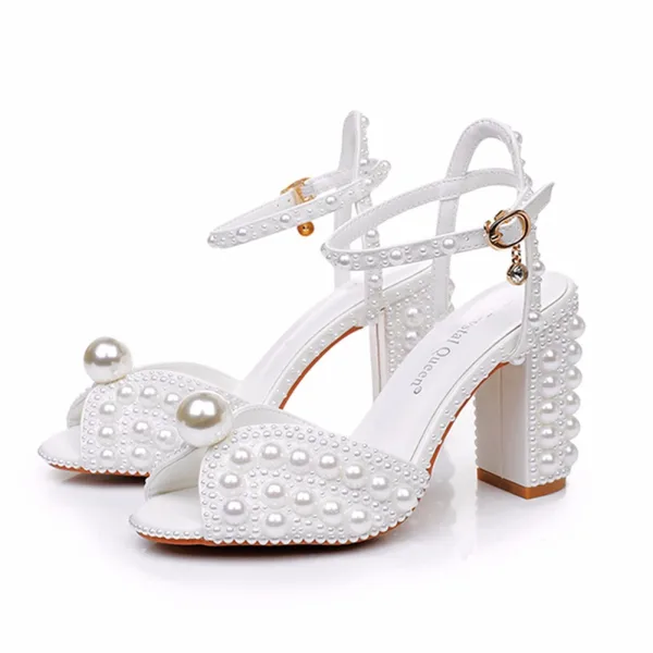 Elegante Weiß Perle Brautschuhe 2024 Hochzeit Knöchelriemen 9 cm Thick Heels Peeptoes Sandaletten Hochhackige