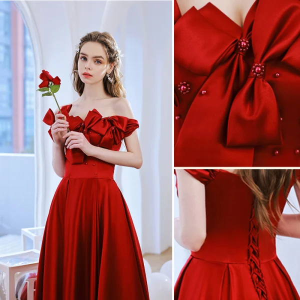 Chic / Beautiful Burgundy Satin Prom Dresses 2022 A-Line / Princess Off-The-Shoulder Pearl Bow Sleeveless Backless Floor-Length / Long Prom Formal Dresses