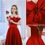 Chic / Beautiful Burgundy Satin Prom Dresses 2022 A-Line / Princess Off-The-Shoulder Pearl Bow Sleeveless Backless Floor-Length / Long Prom Formal Dresses