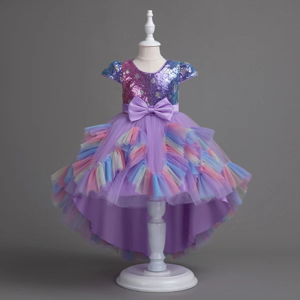 Chic / Beautiful Candy Pink Sequins Bow Sash Asymmetrical Birthday Flower Girl Dresses 2024 Ball Gown Scoop Neck Short Sleeve