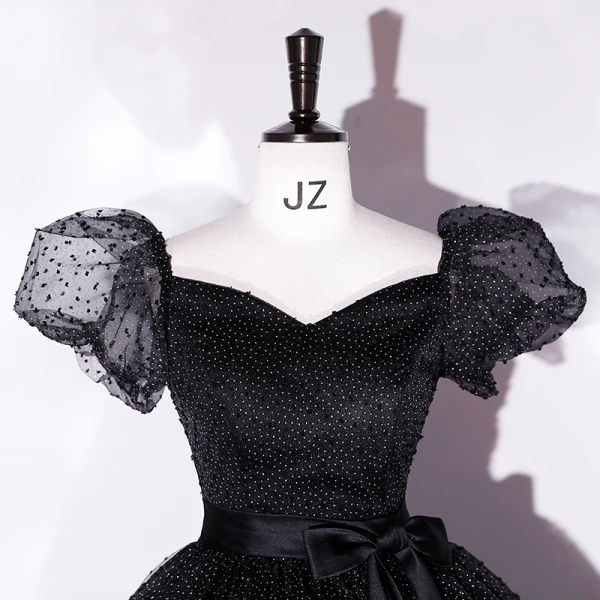 Élégant Noire Tachetée Robe De Bal 2022 Robe Boule Encolure Carrée Gonflée Manches Courtes Dos Nu Noeud Ceinture Longue Promo Robe De Ceremonie