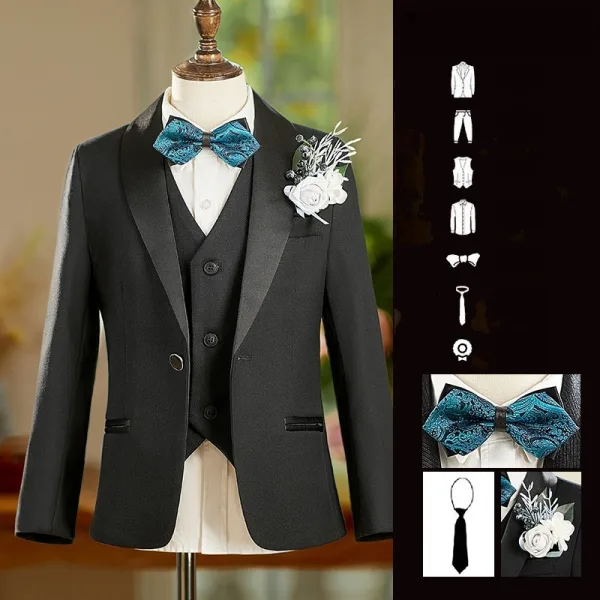 Fall Winter Black 6-piece Boys Wedding Suits 2025 Long Sleeve Body Jewellery Coat Pants Shirt Tie Vest