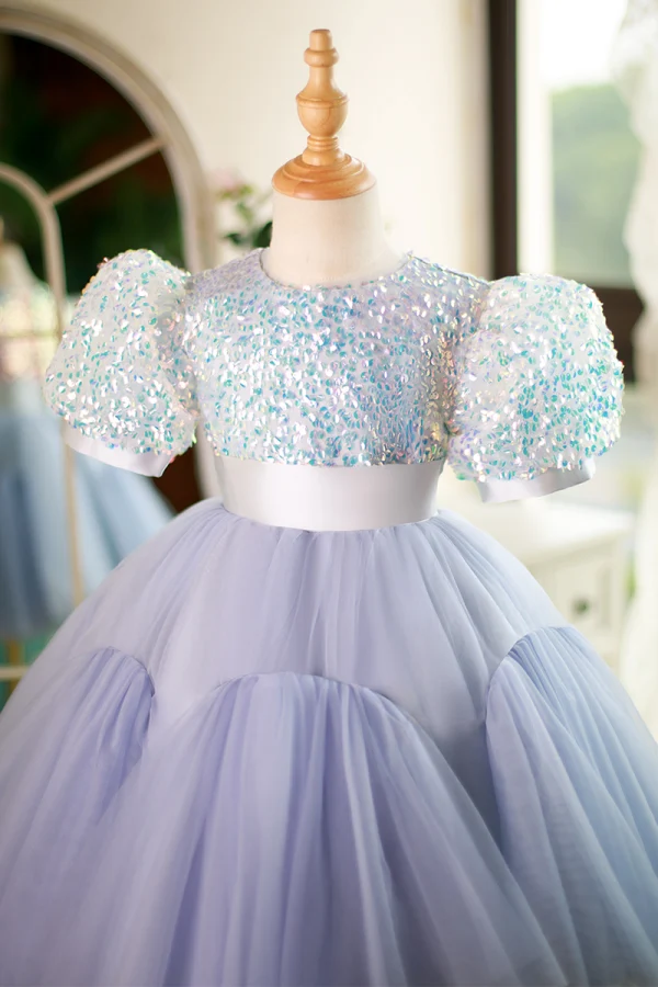 Bling Bling Lavande Paillettes Courte Anniversaire Robe Ceremonie Fille 2023 Robe Boule Encolure Dégagée Gonflée Manches Courtes