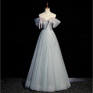 Charmant Vert Cendré Perlage Robe De Bal 2023 Princesse De L Épaule Noeud Manches Courtes Dos Nu Longue Robe De Ceremonie