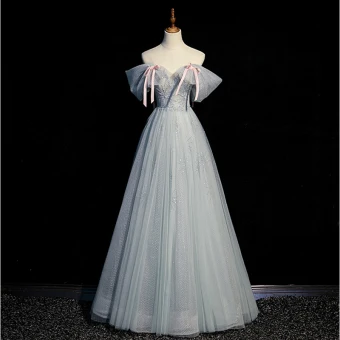 Charmant Vert Cendré Perlage Robe De Bal 2023 Princesse De L Épaule Noeud Manches Courtes Dos Nu Longue Robe De Ceremonie