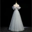 Charming Sage Green Beading Prom Dresses 2023 A-Line / Princess Off-The-Shoulder Bow Short Sleeve Backless Floor-Length / Long Formal Dresses