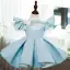 Chic / Beautiful Sky Blue Lace Flower Birthday Flower Girl Dresses 2022 Ball Gown High Neck Puffy Short Sleeve Short Flower Girl Dresses