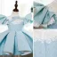 Chic / Beautiful Sky Blue Lace Flower Birthday Flower Girl Dresses 2022 Ball Gown High Neck Puffy Short Sleeve Short Flower Girl Dresses