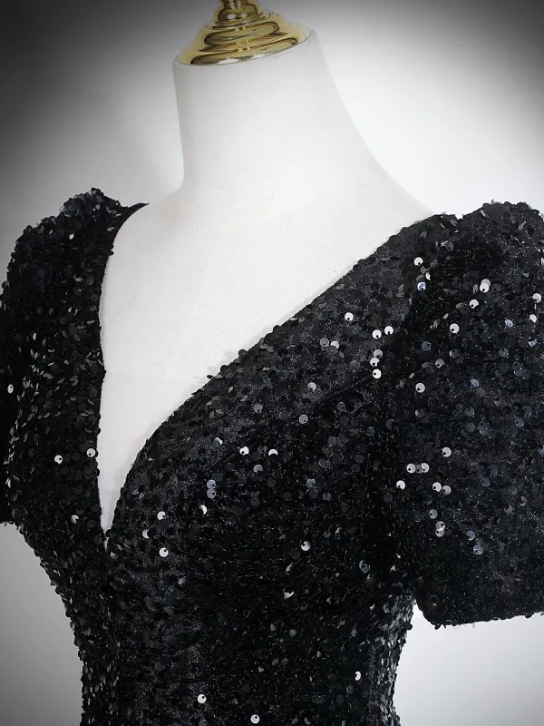 Éclatant Bordeaux Paillettes Robe De Soirée 2026 Princesse V-Cou Manches Courtes Dos Nu Longue