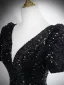 Éclatant Bordeaux Paillettes Robe De Soirée 2026 Princesse V-Cou Manches Courtes Dos Nu Longue