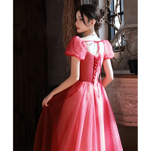 Chic / Belle Bordeaux Glitter Paillettes Robe De Bal 2022 Princesse Encolure Carrée Gonflée Manches Courtes Dos Nu Longue Promo Robe De Ceremonie