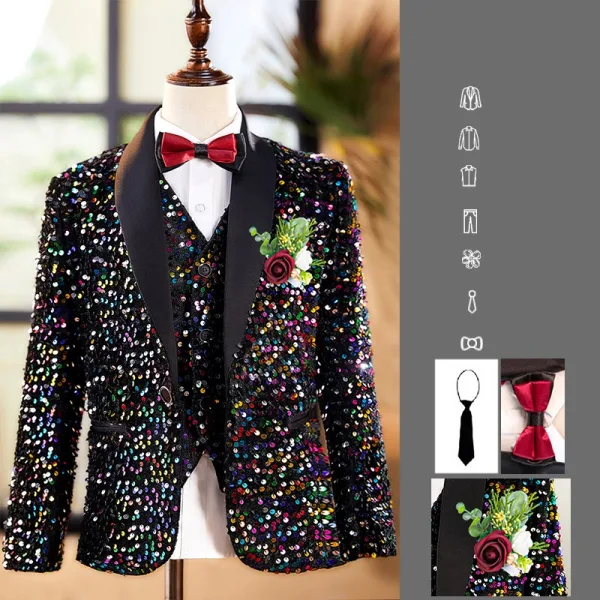 Scintillantes Gris Paillettes Manches Longues Costume Garçon Mariage 2025 Mariage Bijoux De Corps Manteau Pantalon Chemise Cravate Gilet