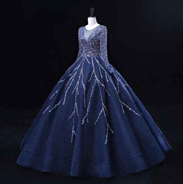 Vintage / Originale Bleu Marine Perlage Paillettes Robe De Bal 2022 Robe Boule Encolure Dégagée Dos Nu Manches Longues Longue Promo Robe De Ceremonie