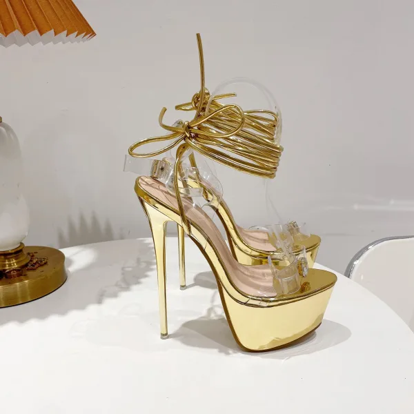 Charming Gold Summer Cocktail Party Womens Sandals 2022 Open / Peep Toe 16 cm Stiletto Heels Ankle Strap Sandals High Heels