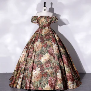 Vintage Originale Multi Couleurs Satin Impression Robe De Bal 2022 Robe Boule Bustier Sans Manches Dos Nu Longue Robe De Ceremonie