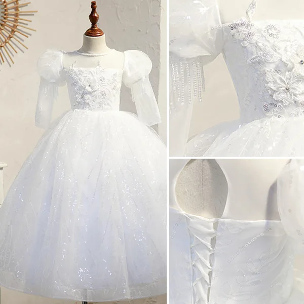 Elegant White Beading Sequins Lace Flower Birthday Flower Girl Dresses 2022 Ball Gown Scoop Neck Puffy Short Sleeve Backless Floor-Length / Long Flower Girl Dresses