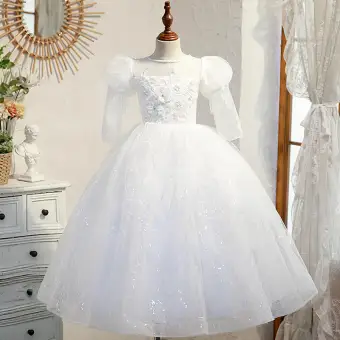 Elegant White Beading Sequins Lace Flower Birthday Flower Girl Dresses 2022 Ball Gown Scoop Neck Puffy Short Sleeve Backless Floor Length Long Flower Girl Dresses