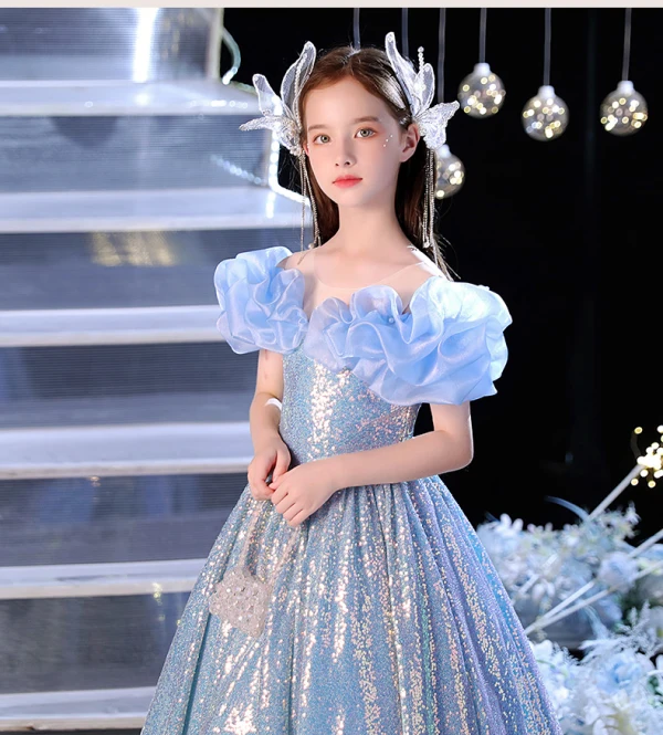 Sparkly Sky Blue Sequins Birthday Flower Girl Dresses 2024 A-Line / Princess Scoop Neck Ruffle Short Sleeve Floor-Length / Long
