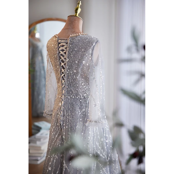 Bling Bling Silver Grey Beading Pearl Sequins Evening Dresses 2023 A-Line / Princess Square Neckline Long Sleeve Floor-Length / Long Evening Party Formal Dresses