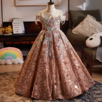 Charming Tan Beading Pearl Sequins Birthday Flower Girl Dresses 2025 Ball Gown Scoop Neck Sleeveless Floor Length Long