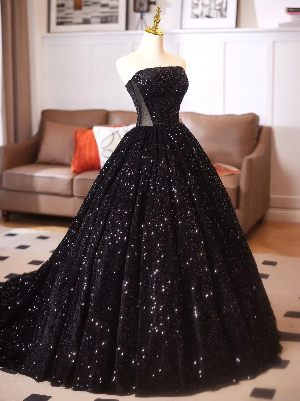 Sexy Black Sequins Prom Dresses 2025 Ball Gown Strapless Sleeveless Backless Floor-Length / Long Formal Dresses
