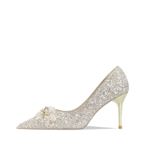 Sparkly Gold Sequins Wedding Shoes 2022 Leather Pearl 8 Cm Stiletto Heels Pointed Toe Wedding Pumps High Heels