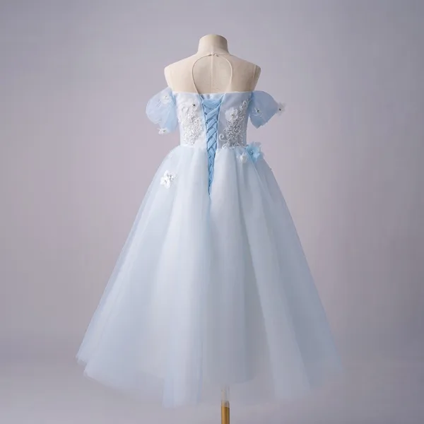 Chic / Beautiful Sky Blue Pearl Appliques Sequins Birthday Flower Girl Dresses 2025 A-Line / Princess Scoop Neck Short Sleeve Backless Floor-Length / Long Flower Girl Dresses