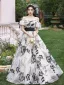 Fashion Black Printing Prom Dresses 2023 A-Line / Princess Off-The-Shoulder Short Sleeve Backless Bow Sash Floor-Length / Long Prom Formal Dresses