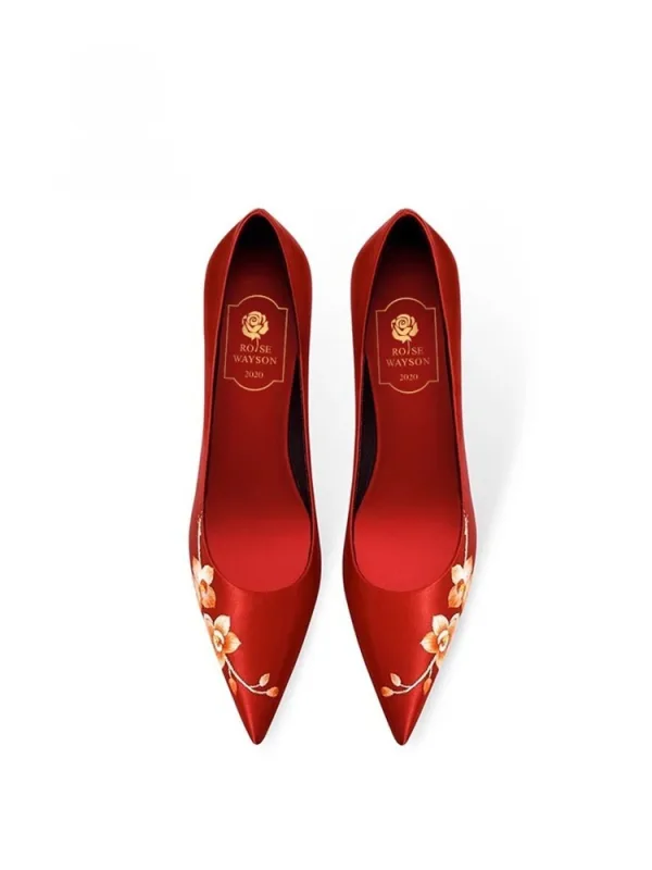 Chinese Stijl Rode Handgemaakt Geborduurde Bruidsschoenen 2026 6 cm Naaldhakken / Stiletto Spitse Neus Huwelijk Pumps