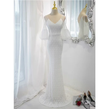 Sparkly White Sequins Evening Dresses 2023 Trumpet Mermaid V Neck Short Sleeve Backless Floor Length Long Evening Party Formal Dresses