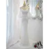 Sparkly White Sequins Evening Dresses 2023 Trumpet / Mermaid V-Neck Short Sleeve Backless Floor-Length / Long Evening Party Formal Dresses