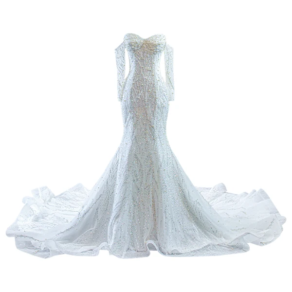 Sexy High Low White Beading Pearl Sequins Wedding Dresses 2023 Trumpet / Mermaid Off-The-Shoulder Long Sleeve Backless Chapel Train Wedding