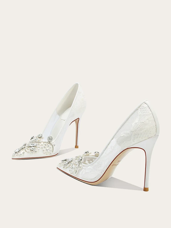 Élégant Blanche Faux Diamant Chaussure De Mariée 2024 Cuir 10 cm Talons Aiguilles À Bout Pointu Mariage Escarpins Talons Hauts