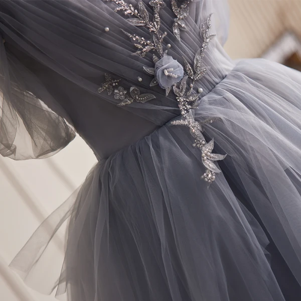 Chic / Belle Argenté Gris Perlage Perle Paillettes Appliques Plissée Robe De Bal 2023 Robe Boule De l'épaule Sans Manches Dos Nu Train De Balayage Promo
