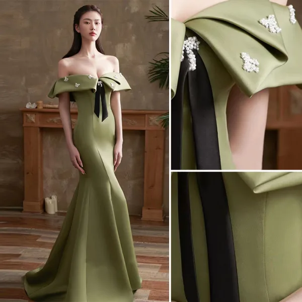 Sexy Clover Green Trumpet / Mermaid Evening Dresses 2022 Off-The-Shoulder Short Sleeve Backless Pearl Floor-Length / Long Satin Evening Party Formal Dresses