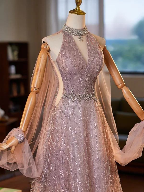 Fashion Blushing Pink Glitter Rhinestone Sequins Prom Dresses 2025 A-Line / Princess High Neck Sleeveless Backless Floor-Length / Long Tulle Prom Formal Dresses