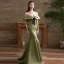 Sexy Clover Green Trumpet / Mermaid Evening Dresses 2022 Off-The-Shoulder Short Sleeve Backless Pearl Floor-Length / Long Satin Evening Party Formal Dresses