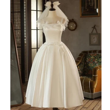 Ligero Sencillos Marfil Satén Vestidos De Novia 2023 A Line Princess Spaghetti Straps Sin Mangas Sin Espalda Bowknot Largos Boda
