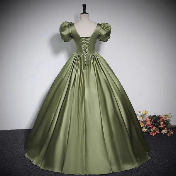 Vintage / Retro Clover Green Satin Prom Dresses 2023 Ball Gown Square Neckline Bow Short Sleeve Backless Floor-Length / Long Prom Formal Dresses