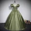 Vintage / Retro Clover Green Satin Prom Dresses 2023 Ball Gown Square Neckline Bow Short Sleeve Backless Floor-Length / Long Prom Formal Dresses