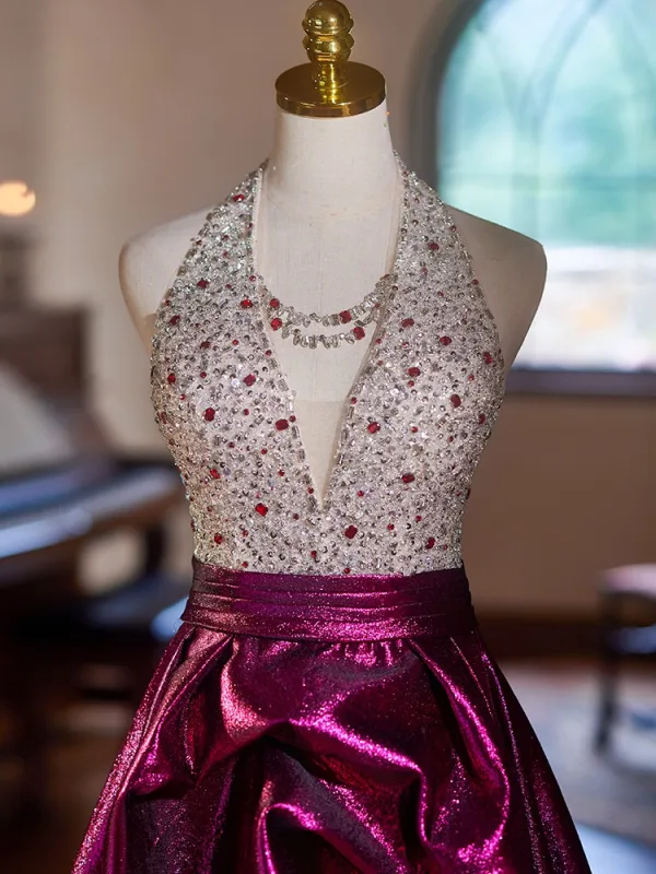 Fashion Fuchsia Beading Rhinestone Sequins Satin Prom Dresses 2024 A-Line / Princess V-Neck Sleeveless Backless Floor-Length / Long Prom Formal Dresses