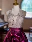 Fashion Fuchsia Beading Rhinestone Sequins Satin Prom Dresses 2024 A-Line / Princess V-Neck Sleeveless Backless Floor-Length / Long Prom Formal Dresses