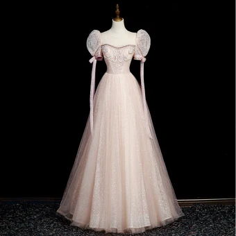 Elegant Blushing Pink Beading Rhinestone Prom Dresses 2023 A Line Princess Scoop Neck Short Sleeve Bow Backless Floor Length Long Formal Dresses