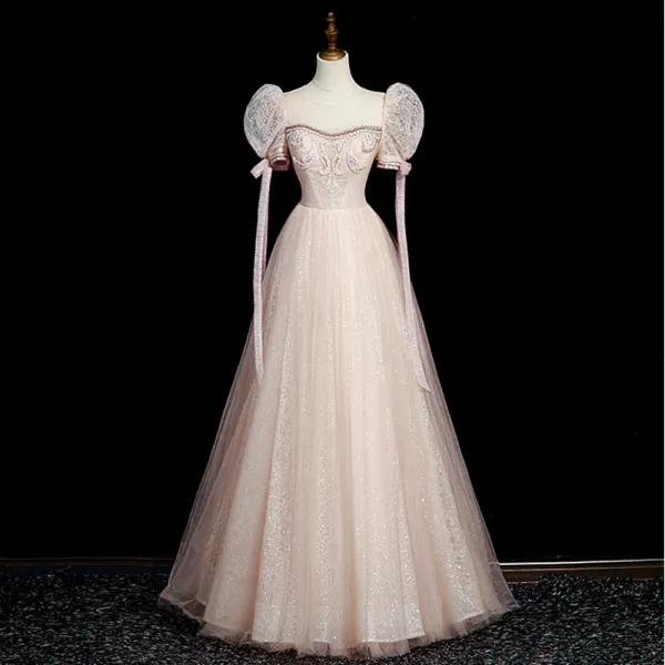 A Line Beading White Scoop Long Sleeve Prom Dress