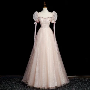 Elegant Blushing Pink Beading Rhinestone Prom Dresses 2023 A Line Princess Scoop Neck Short Sleeve Bow Backless Floor Length Long Formal Dresses