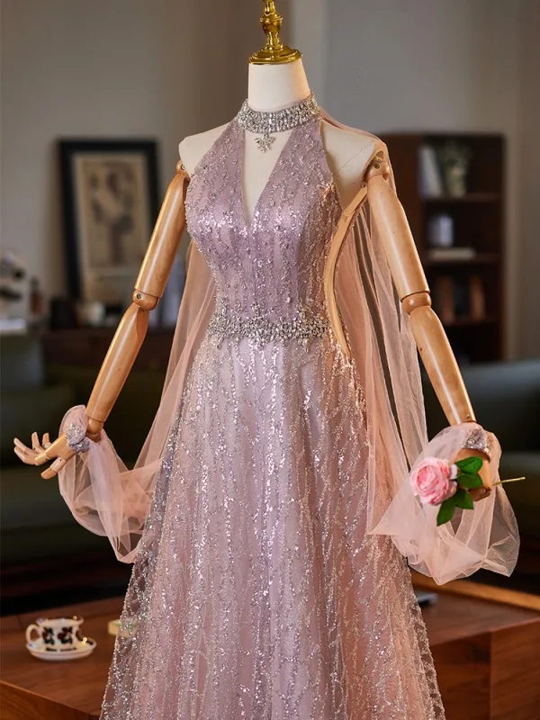 Fashion Blushing Pink Glitter Rhinestone Sequins Prom Dresses 2025 A-Line / Princess High Neck Sleeveless Backless Floor-Length / Long Tulle Prom Formal Dresses