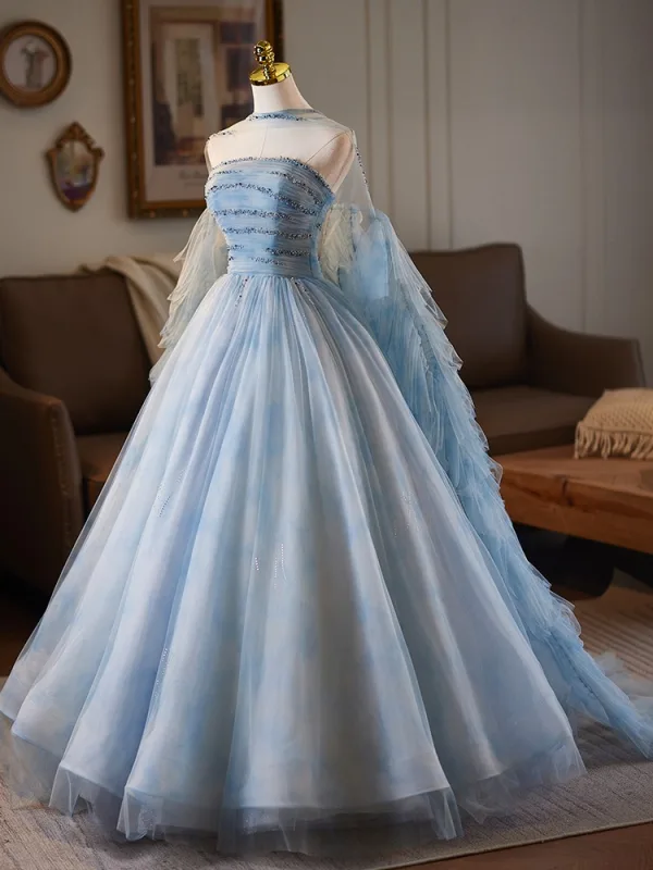 Schöne Himmelblau Pailletten Ballkleider 2025 Ballkleid Bandeau Ärmellos Rückenfreies Lange Ball Festliche Kleider