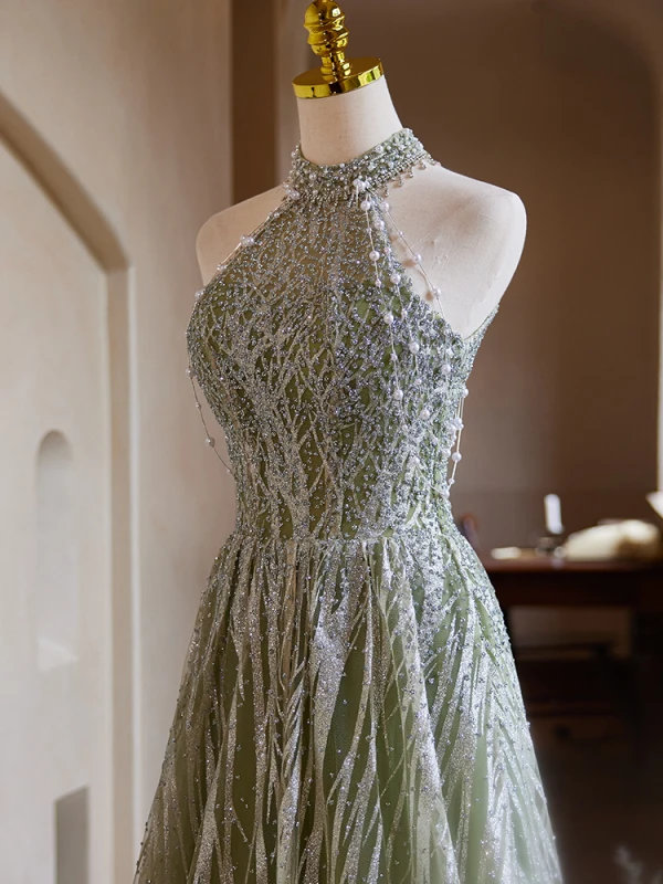 Sparkly Sage Green Beading Pearl Glitter Prom Dresses 2024 A-Line / Princess Halter Sleeveless Backless Floor-Length / Long Prom Formal Dresses