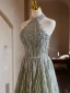 Sparkly Sage Green Beading Pearl Glitter Prom Dresses 2024 A-Line / Princess Halter Sleeveless Backless Floor-Length / Long Prom Formal Dresses