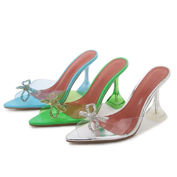 Sexy Transparent Bleu Ciel Vêtement de rue Sandales Femme 2022 Faux Diamant Noeud 9 cm Talons Aiguilles Peep Toes / Bout Ouvert Sandales Talons Hauts